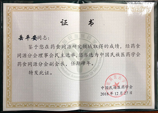 喜訊！恭喜岳平安董事長榮獲“中國民族醫(yī)藥學會藥食同源分會副會長”